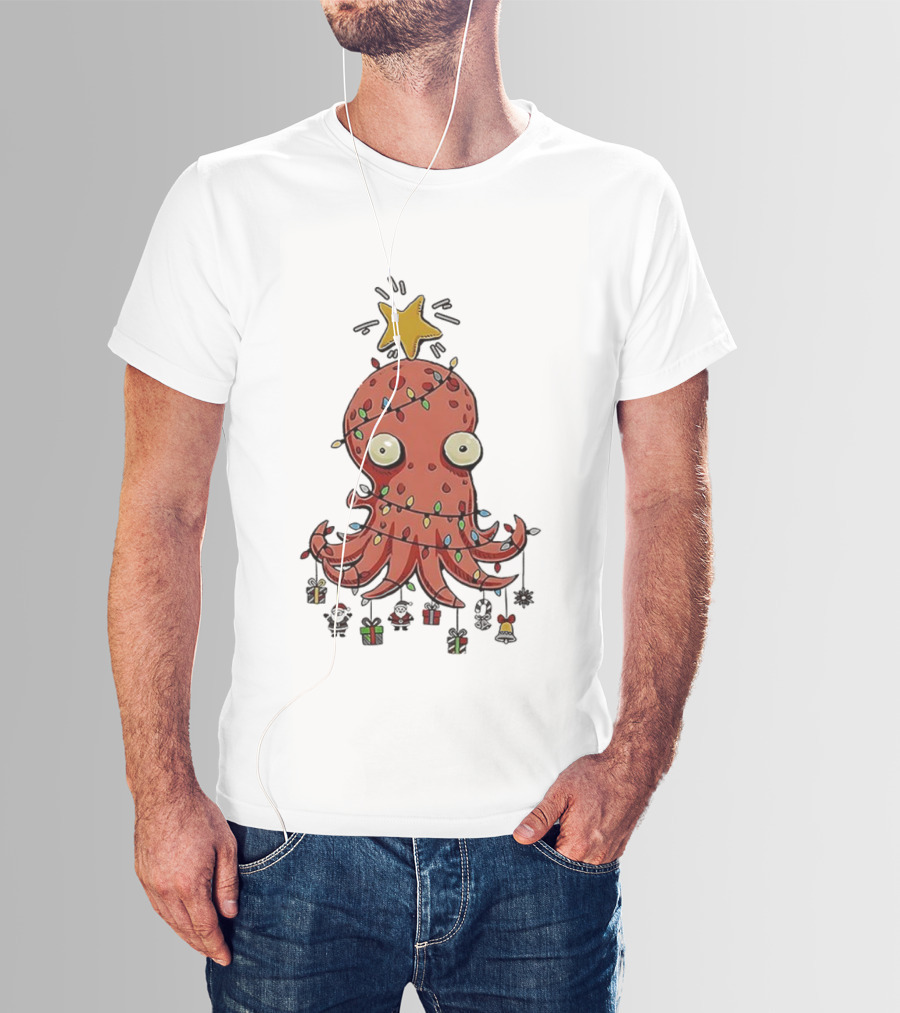 Christmas Octopus Tree Wrapped In Light Cords With Star And Decorations T-Shirt