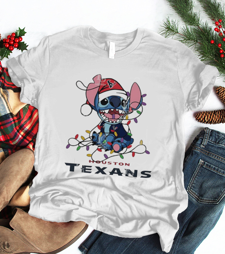 Houston Texans Stitch Christmas Lights Ornament Anime Fan Art T-Shirt