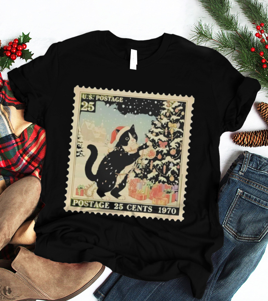Cat Santa Hat U.S. Postage 25 Cents 1970 Christmas Tree T-Shirt