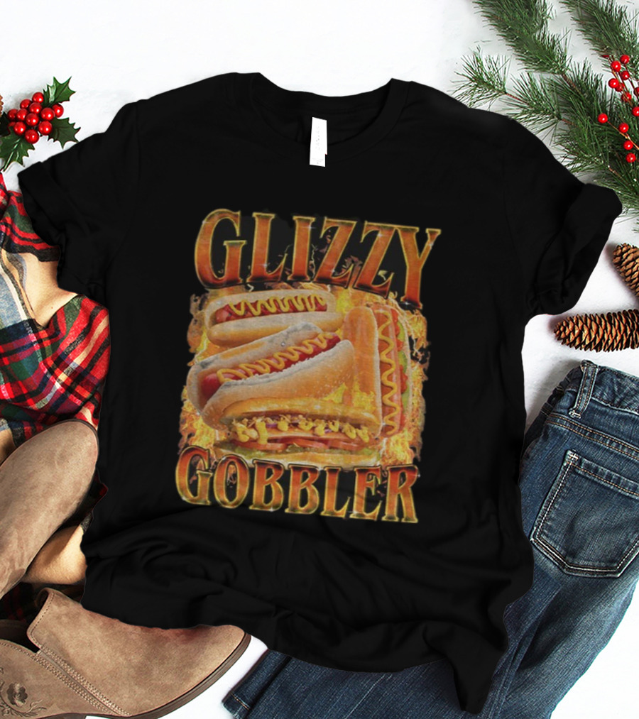 Glizzy Gobbler Faded Hot Dog Funny Meme Fire Burst T-Shirt