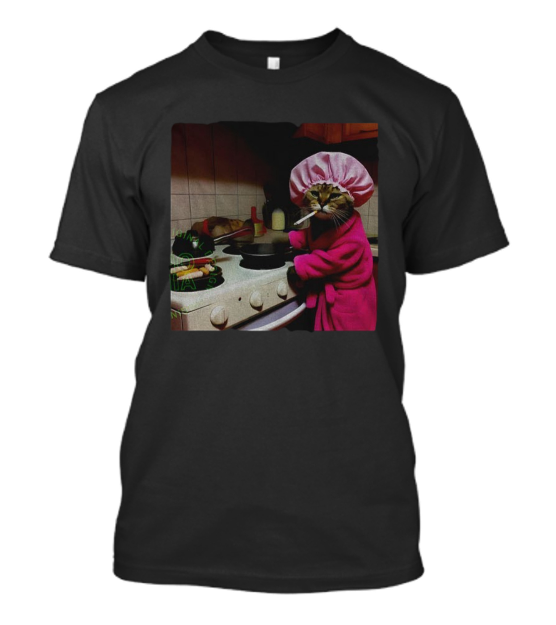 Housewife Cat Smoking Cooking Meme In Pink Bathrobe And Shower Cap T-Shirt