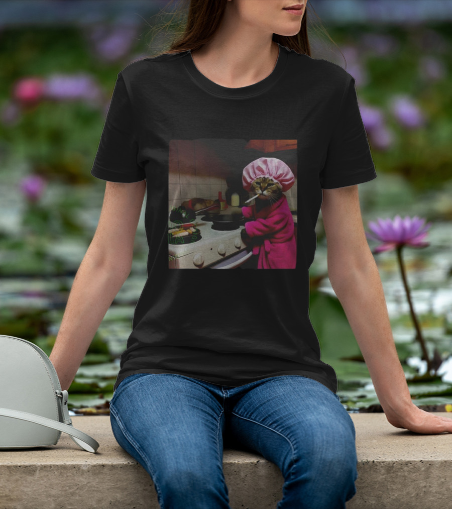 Housewife Cat Smoking Cooking Meme In Pink Bathrobe And Shower Cap T-Shirt