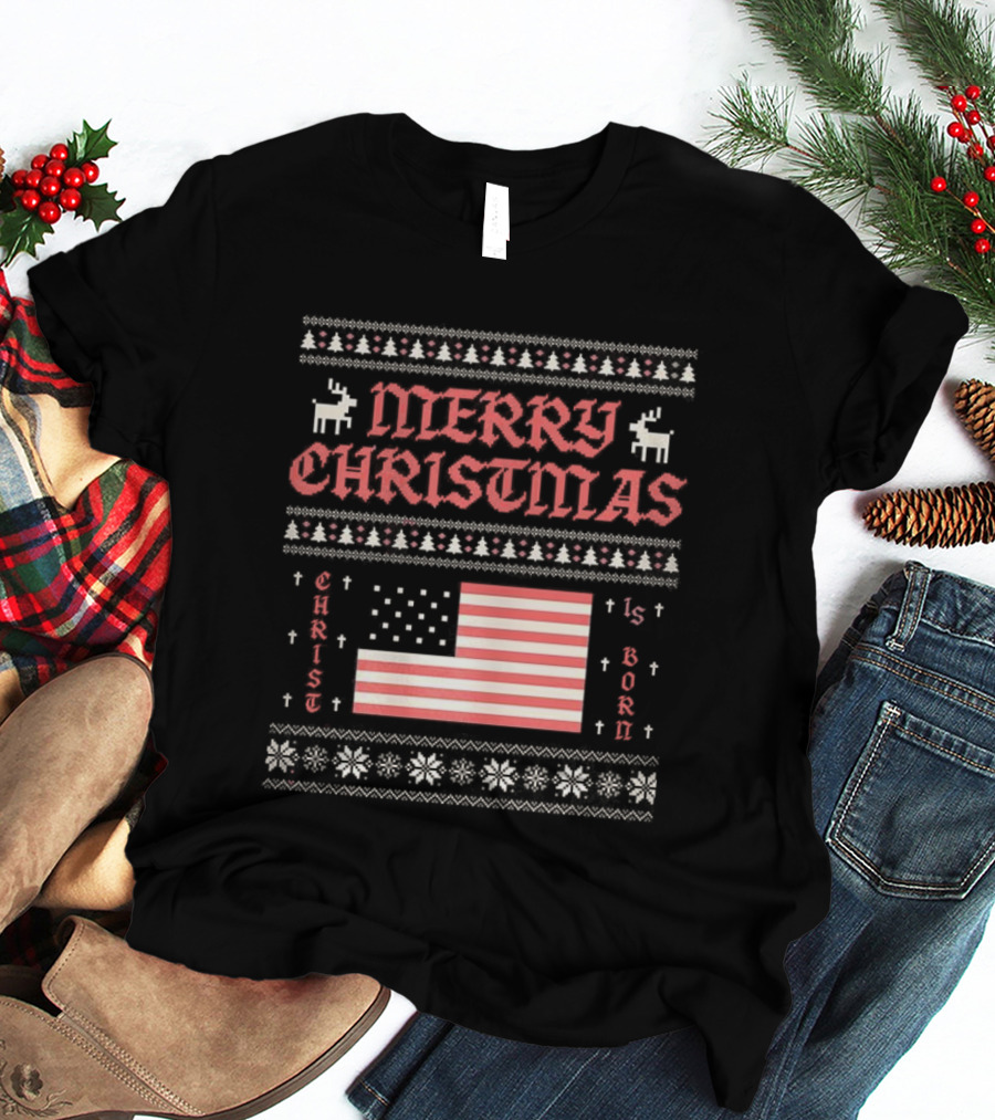 Merry Christmas 2025 Christ Is Born Ugly Pixel American Flag T-Shirt