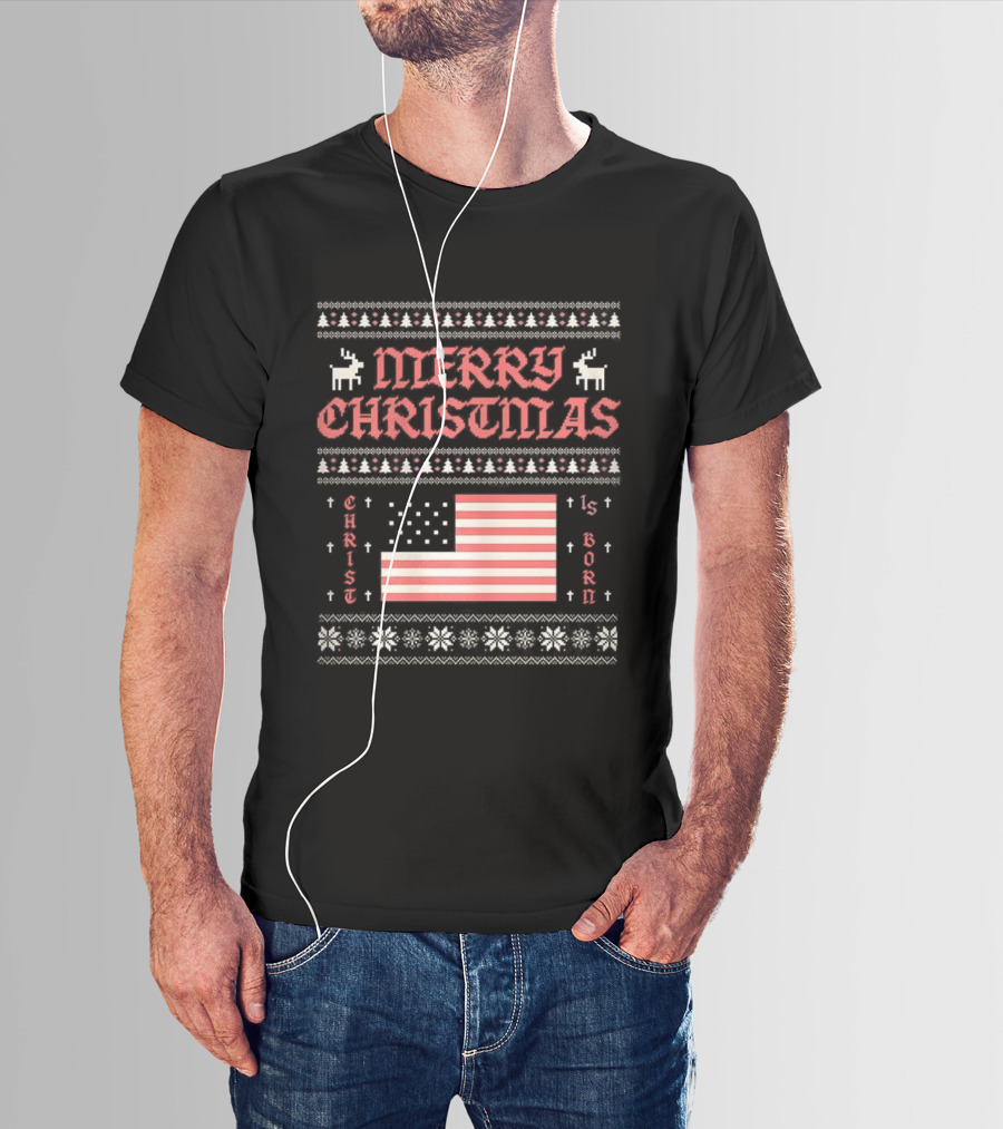 Merry Christmas 2025 Christ Is Born Ugly Pixel American Flag T-Shirt