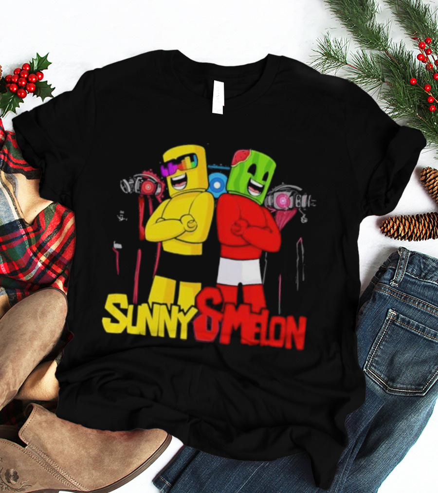 Sunny And Melon The Duo Colorful Block Characters With Shades And Caps T-Shirt