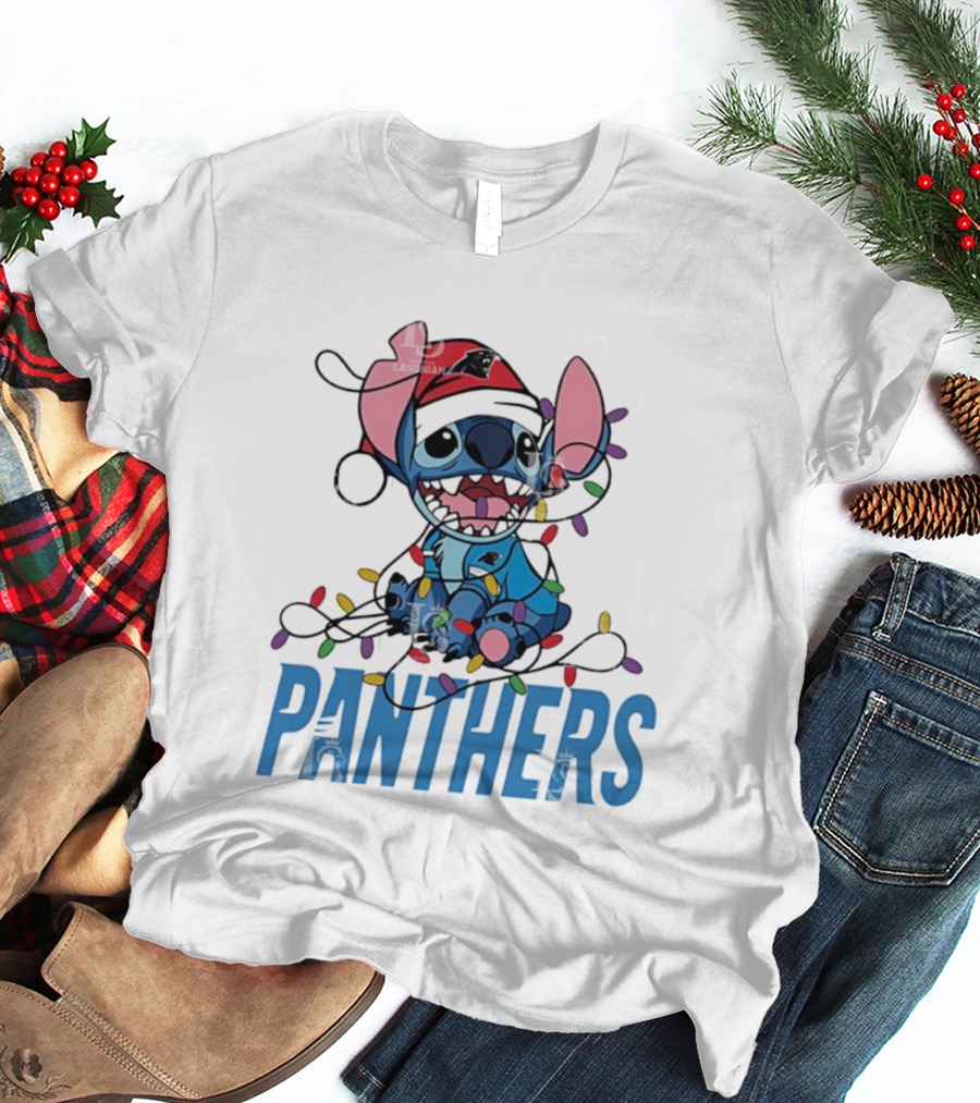 Carolina Panthers Stitch Christmas Lights Ornament T-Shirt