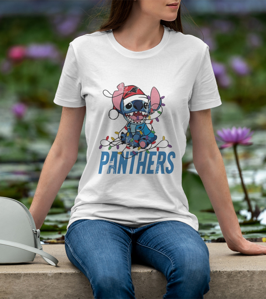 Carolina Panthers Stitch Christmas Lights Ornament T-Shirt