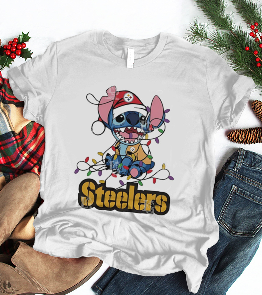 Steelers Stitch Christmas Lights Ornament T-Shirt
