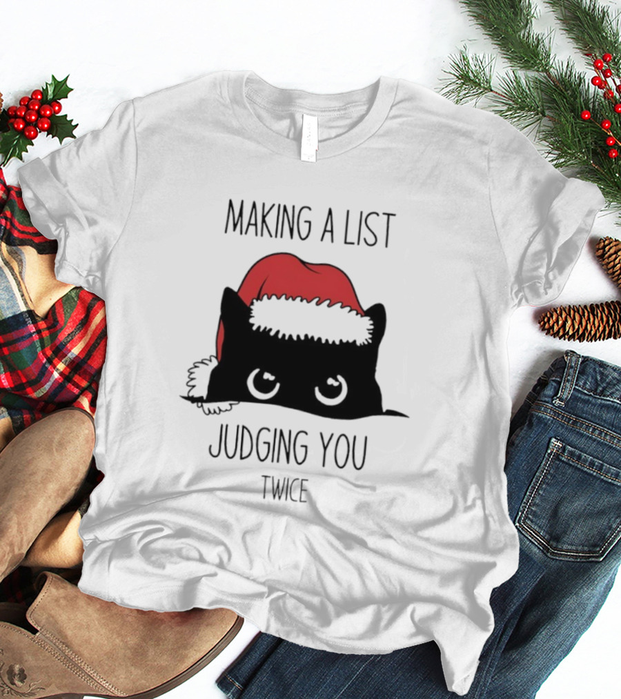 Black Cat Christmas Making A List Judging You Twice Santa Hat T-Shirt