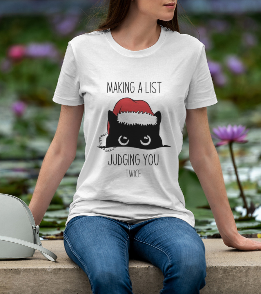 Black Cat Christmas Making A List Judging You Twice Santa Hat T-Shirt