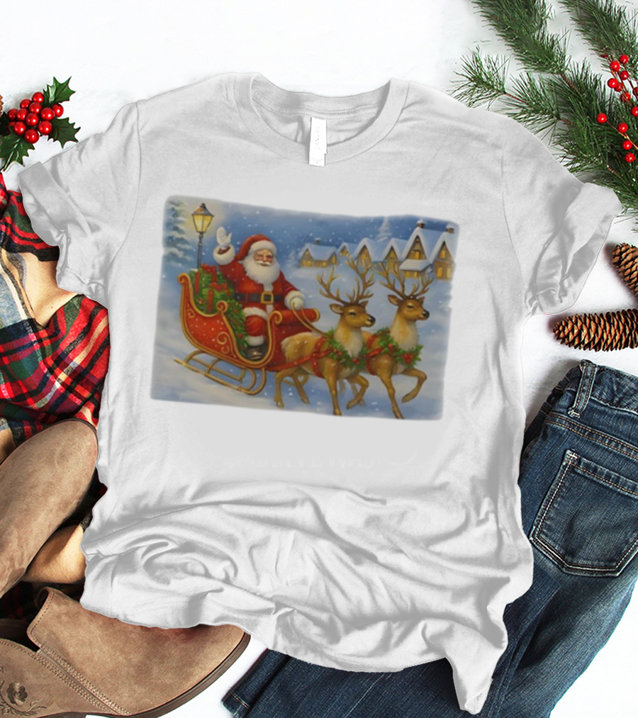Santa Sleigh Reindeer Snowy Christmas Scene T-Shirt