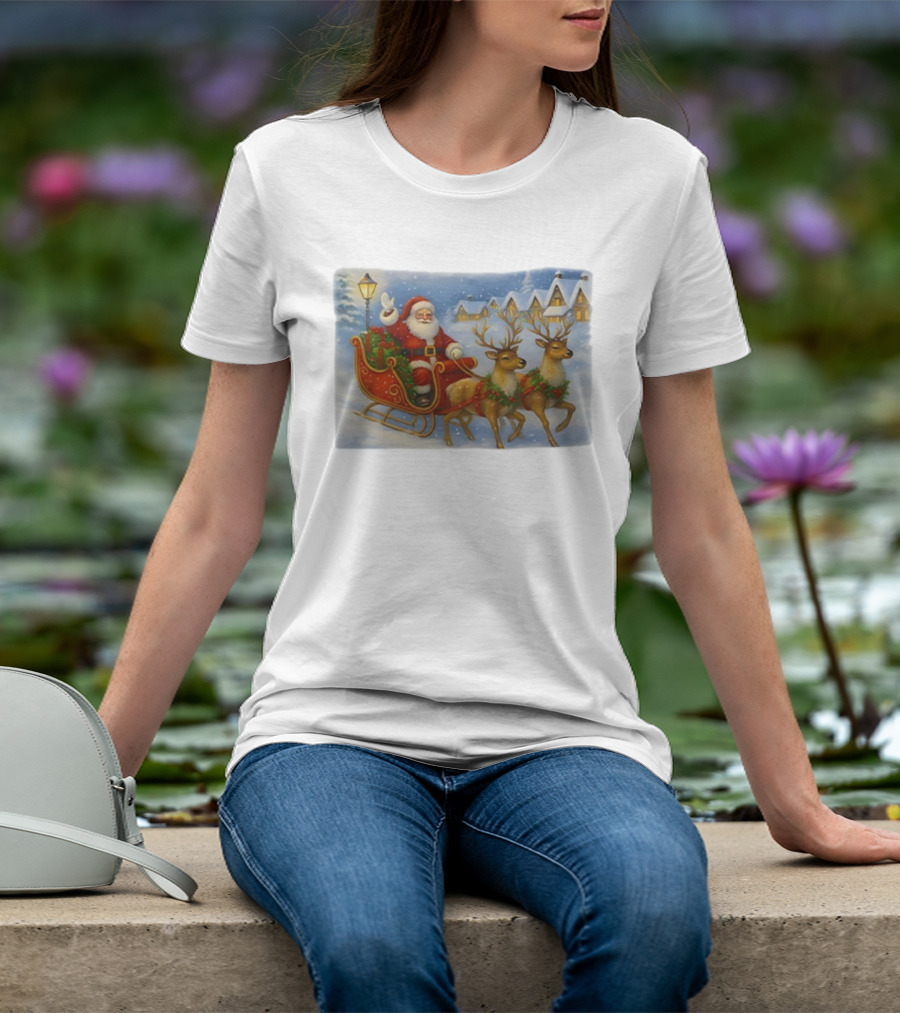 Santa Sleigh Reindeer Snowy Christmas Scene T-Shirt