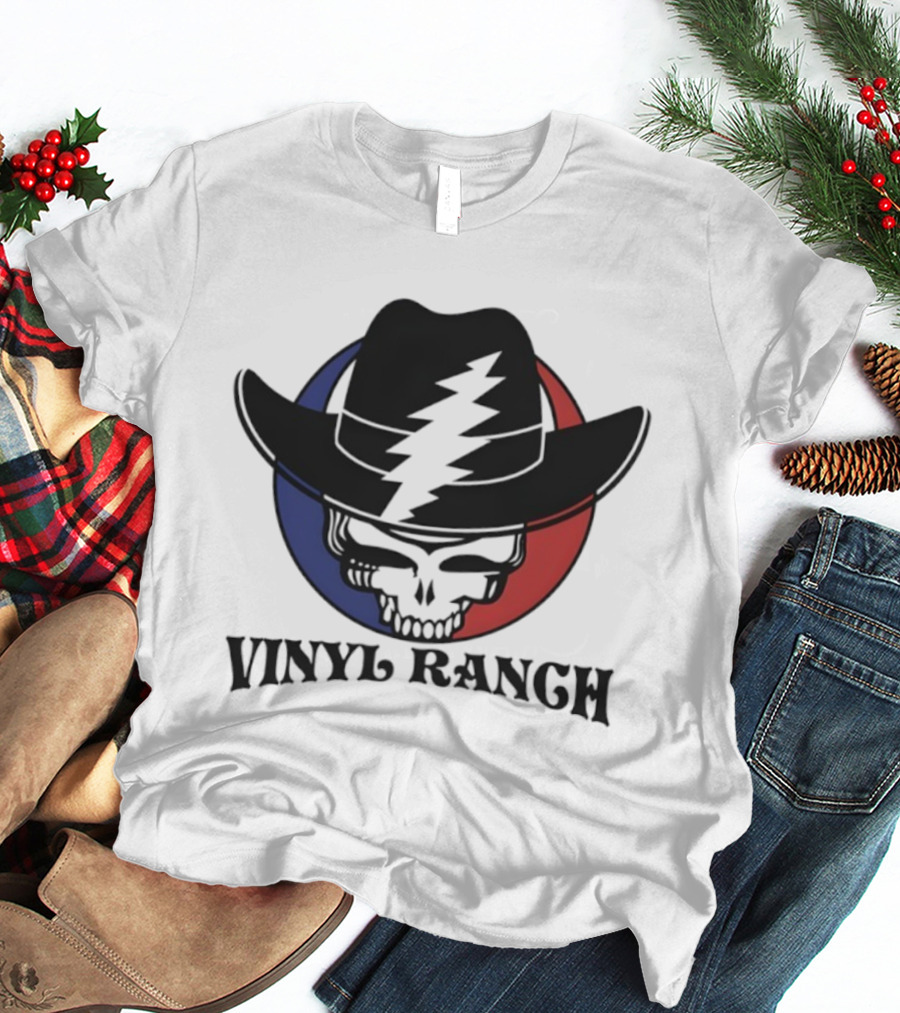 Vinyl Ranch Steal Your Face Skull Cowboy Hat Lightning Circle T-Shirt
