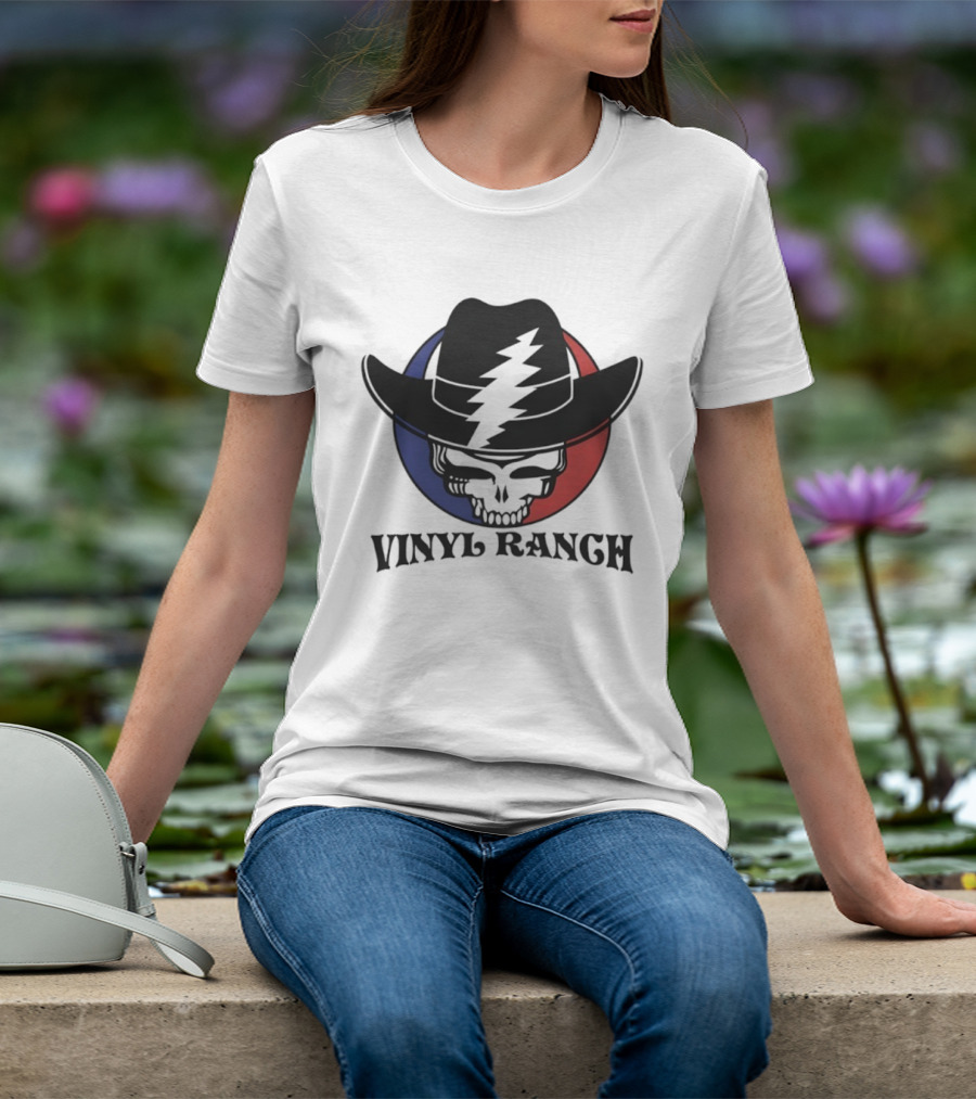 Vinyl Ranch Steal Your Face Skull Cowboy Hat Lightning Circle T-Shirt