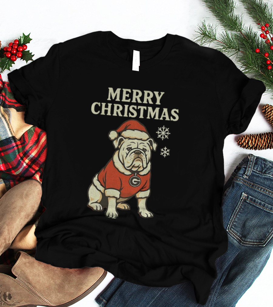 Merry Christmas Georgia Bulldogs Santa Bulldog Snowflakes T-Shirt