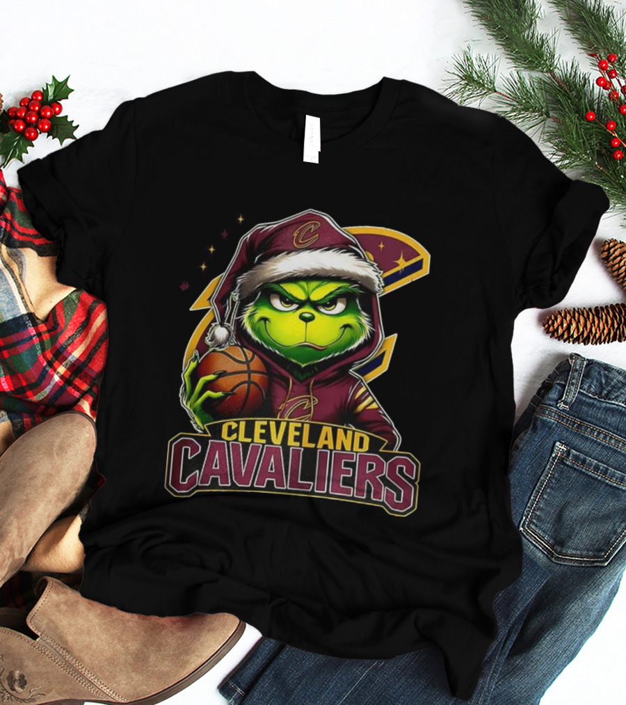 Cleveland Cavaliers Christmas Grinch Santa Hat Holding Basketball T-Shirt