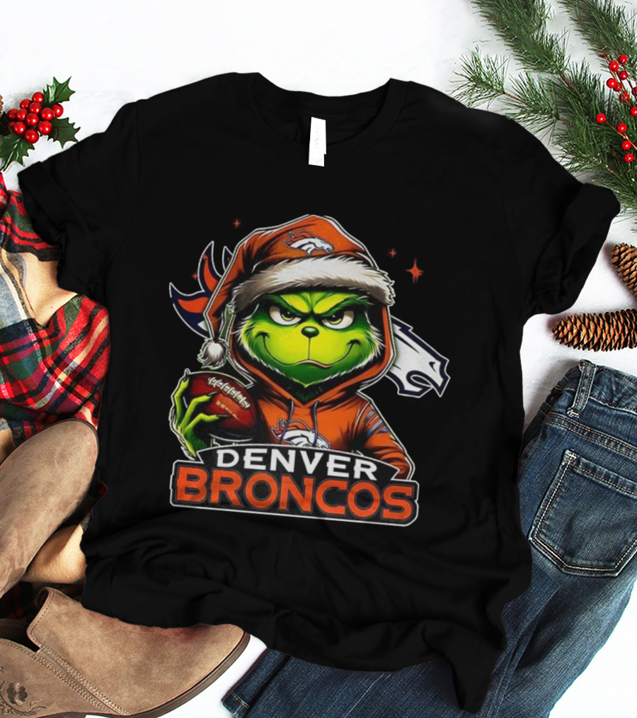 Denver Broncos Grinch In Santa Hat NFL Christmas Football T-Shirt