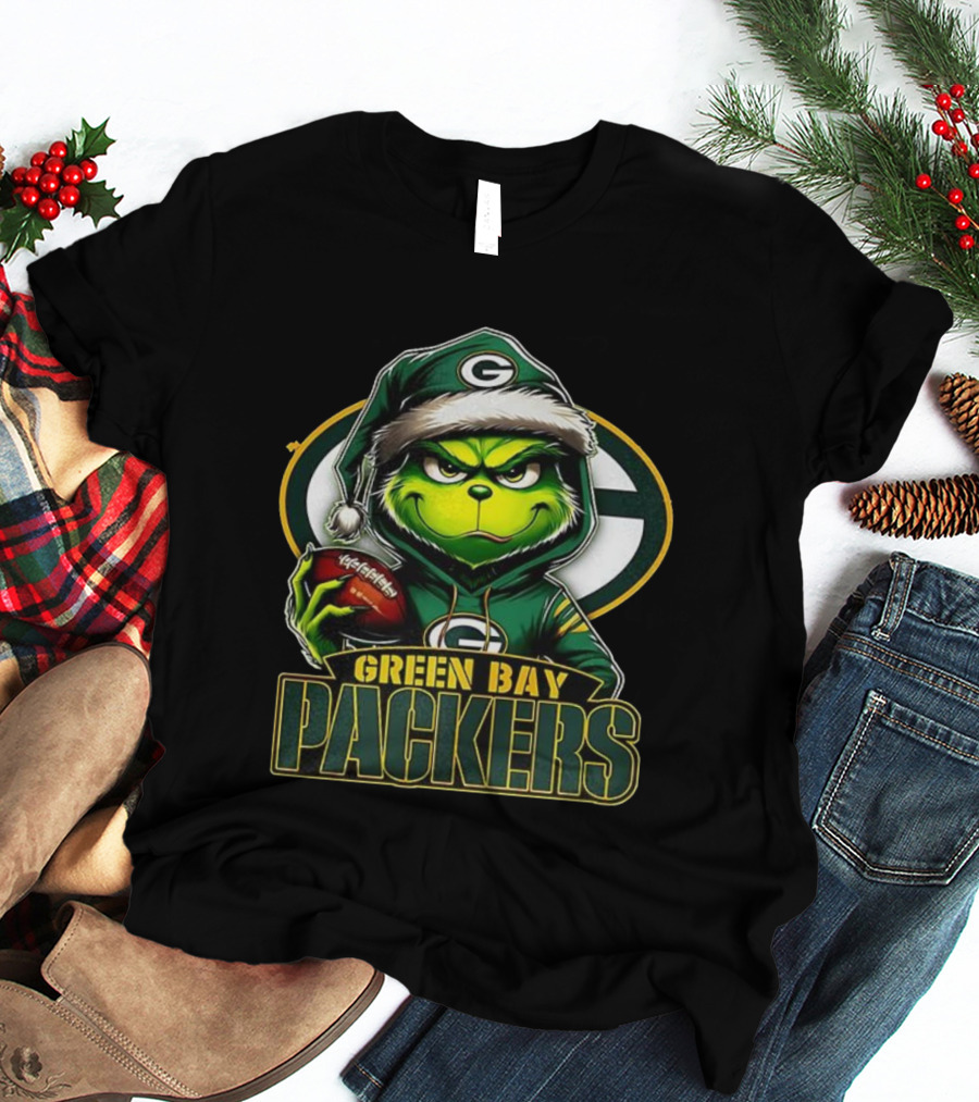 Green Bay Packers Grinch Santa Hat Christmas NFL Fan Gear T-Shirt
