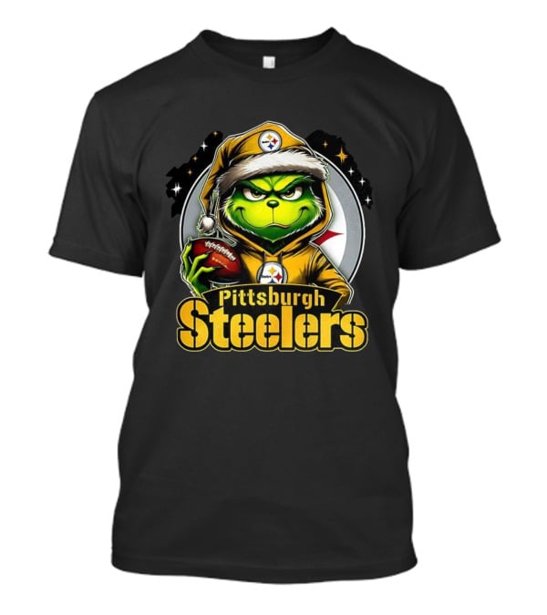 Grinch Wearing Santa Hat Holding Football Pittsburgh Steelers Christmas NFL T-Shirt