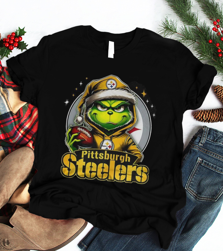 Grinch Wearing Santa Hat Holding Football Pittsburgh Steelers Christmas NFL T-Shirt
