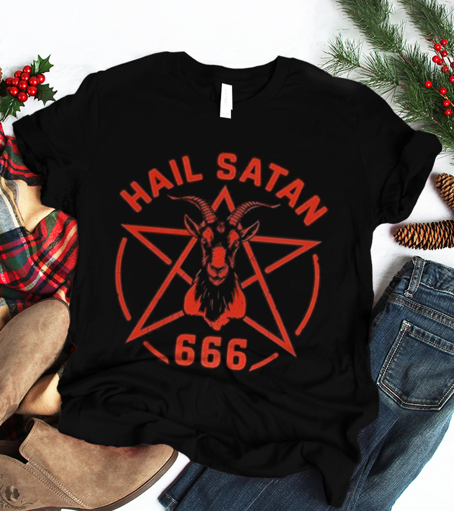 Hail Satan Goat 666 Pentagram Symbolic Occult Baphomet Emblem T-Shirt