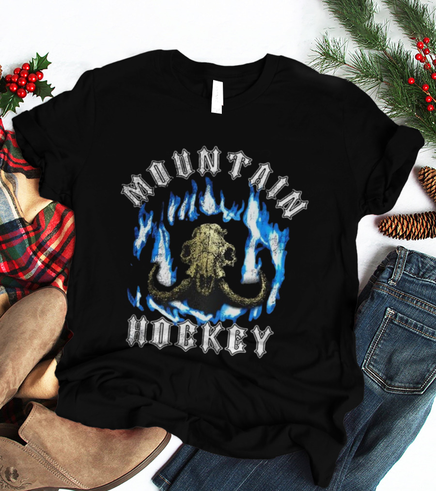 Mountain Hockey Mammoth Skull Blue Flames Design T-Shirt