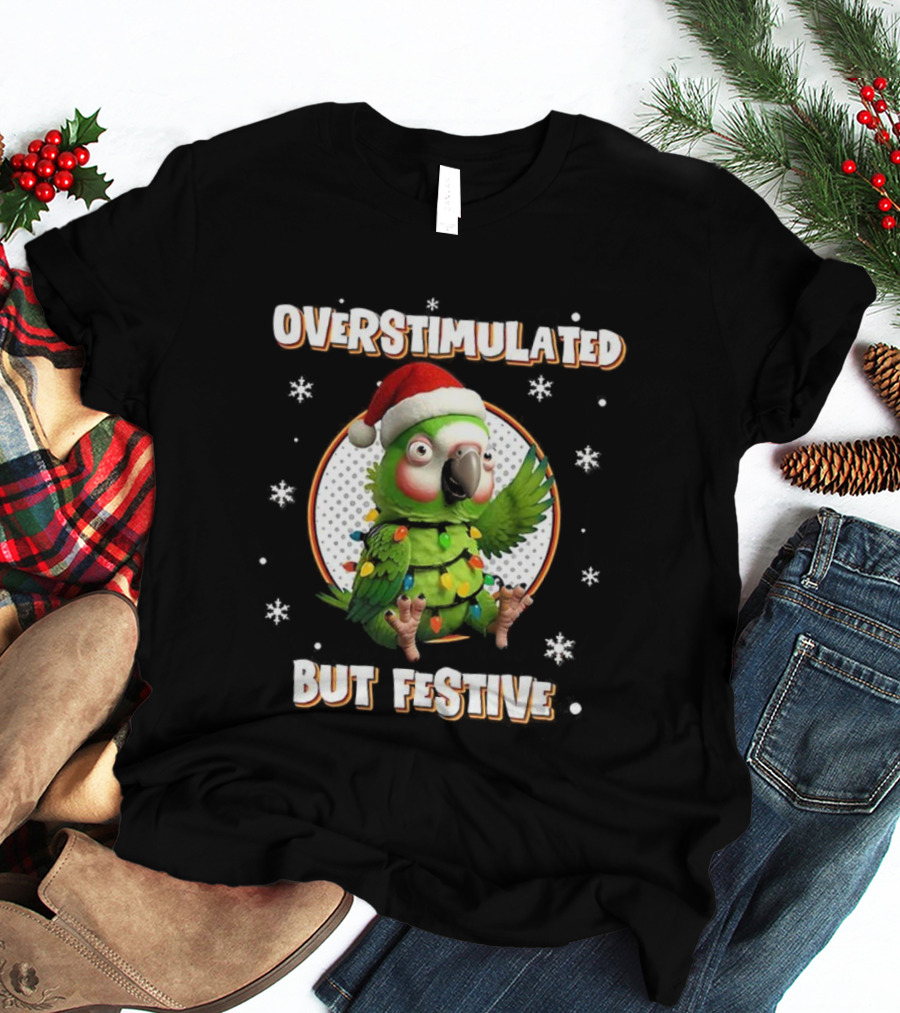 Overstimulated Parrot With Christmas Lights And Santa Hat T-Shirt