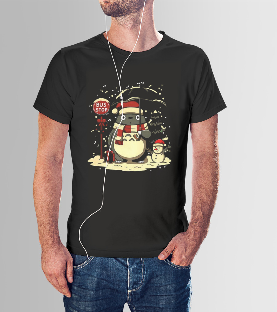 Totoro Snowman Winter Bus Stop Santa Hat T-Shirt