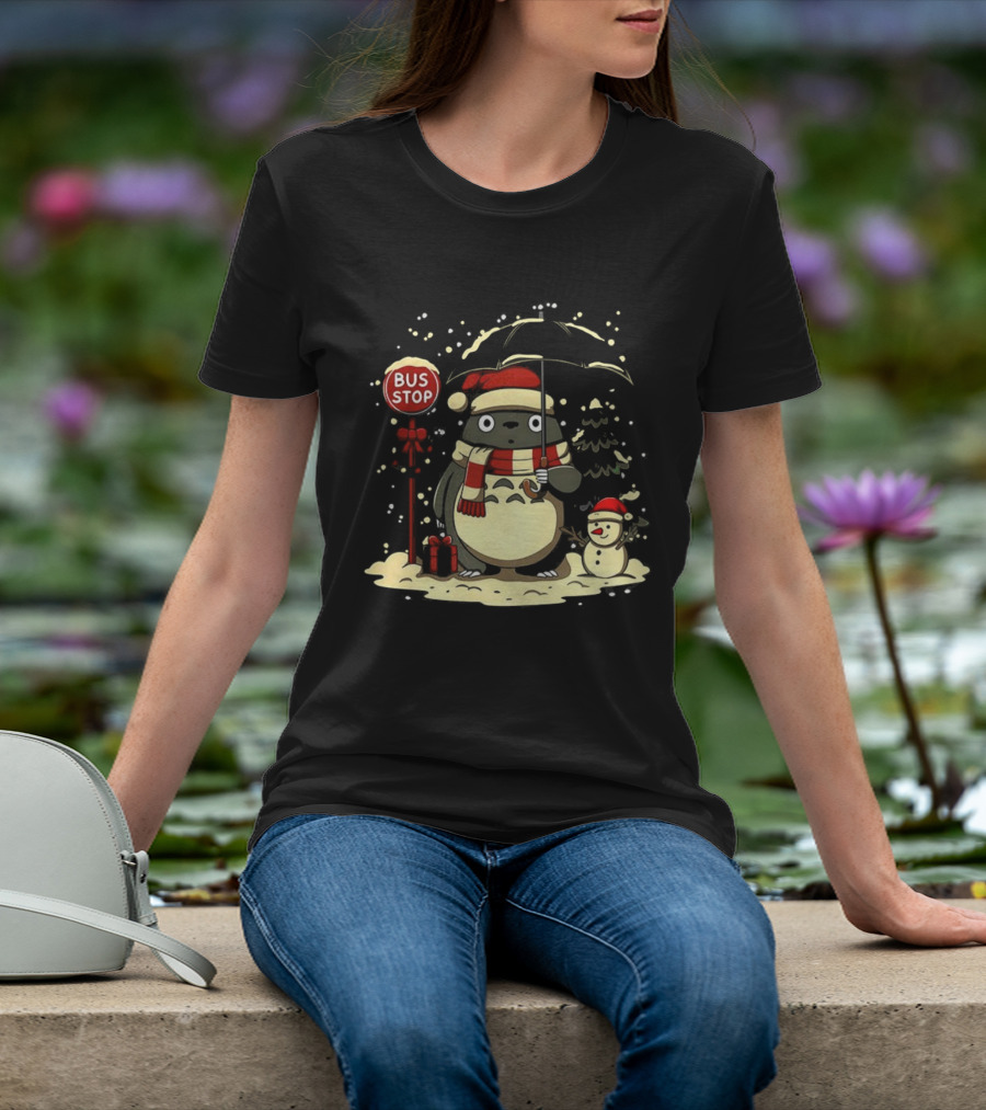 Totoro Snowman Winter Bus Stop Santa Hat T-Shirt