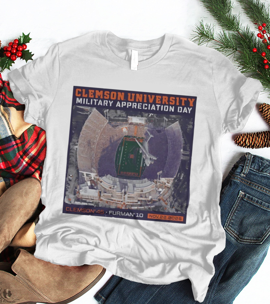 Clemson University Military Appreciation Day Game Nov 22 2025 Clemson 45 Furman 10 Stadium Aerial View T-Shirt