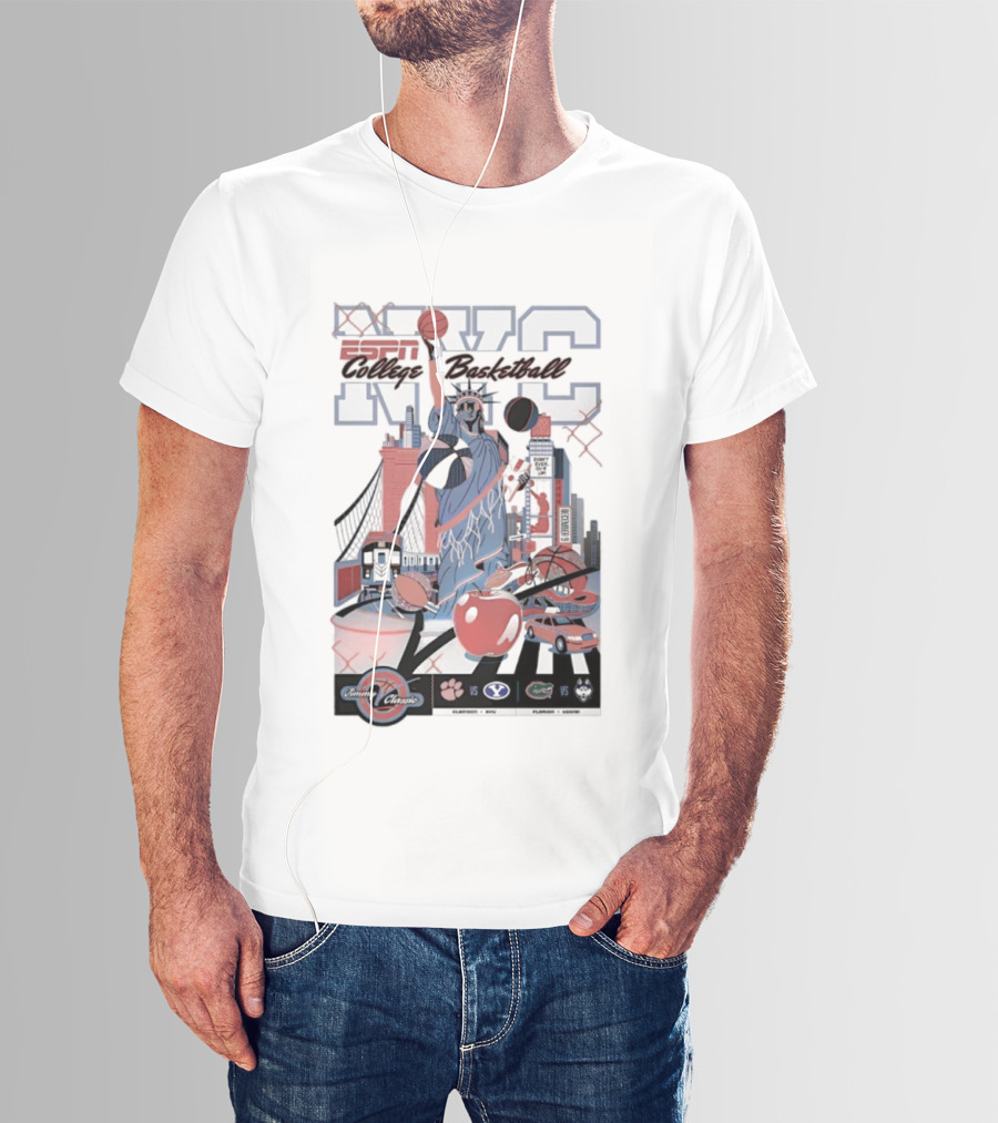 Jimmy V Classic 2025 Clemson Vs BYU College Basketball NYC Statue Of Liberty Basketball New York Skyline T-Shirt