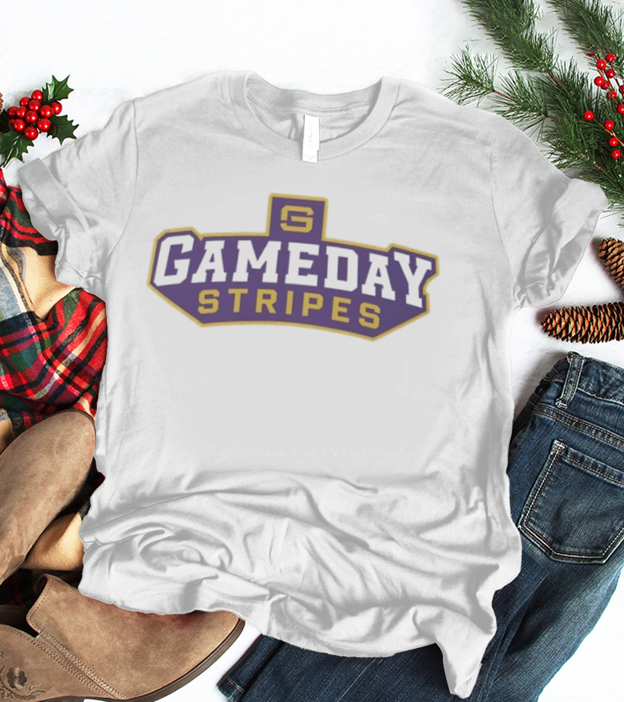 Gameday Stripes Purple And Gold Block Lettering T-Shirt