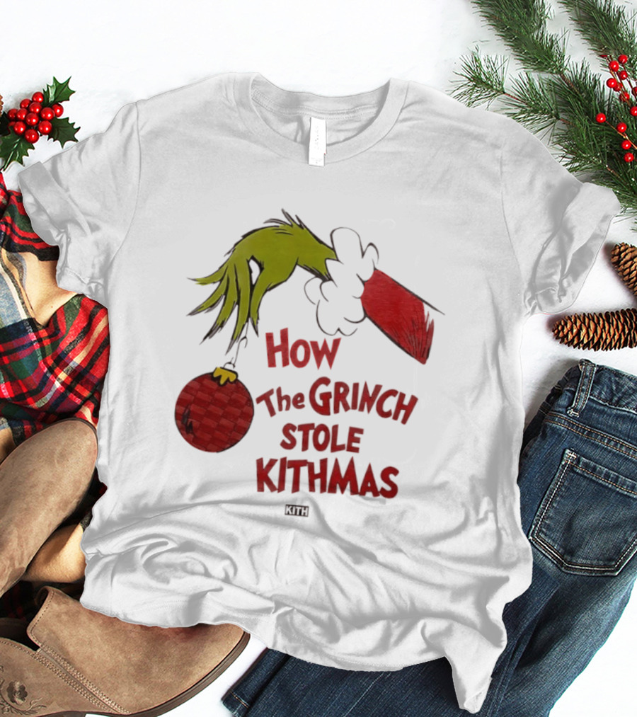 How The Grinch Stole Kithmas Green Figure Red Santa Hat Red Ornament T-Shirt