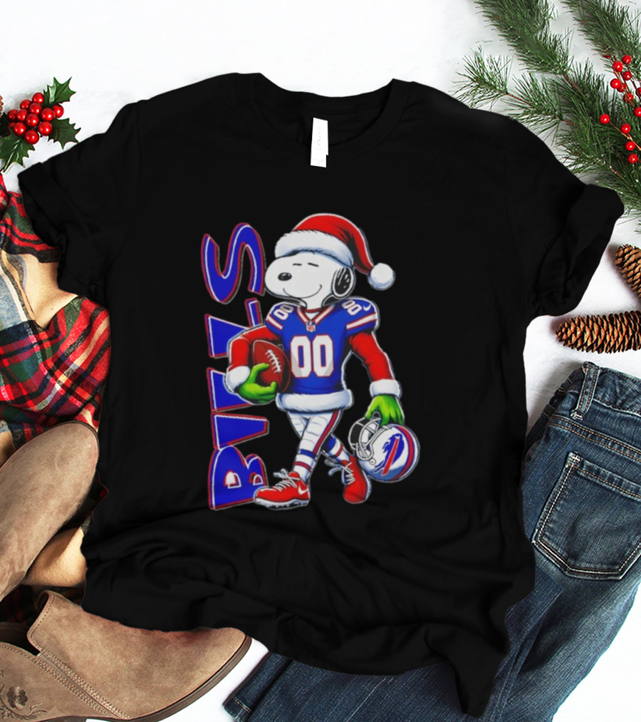 Buffalo Bills Snoopy Christmas NFL Football Player With Santa Hat And Grinch Hands T-Shirt