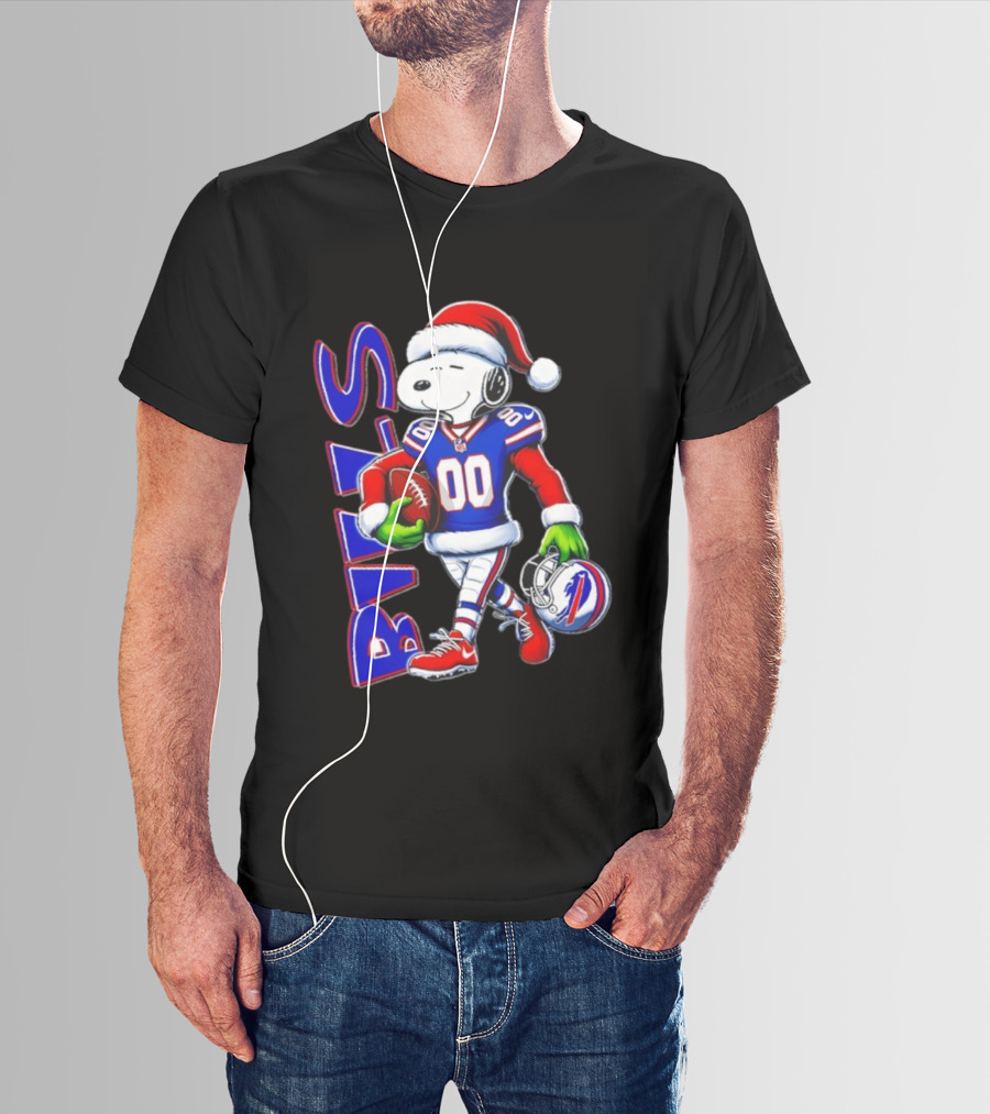 Buffalo Bills Snoopy Christmas NFL Football Player With Santa Hat And Grinch Hands T-Shirt