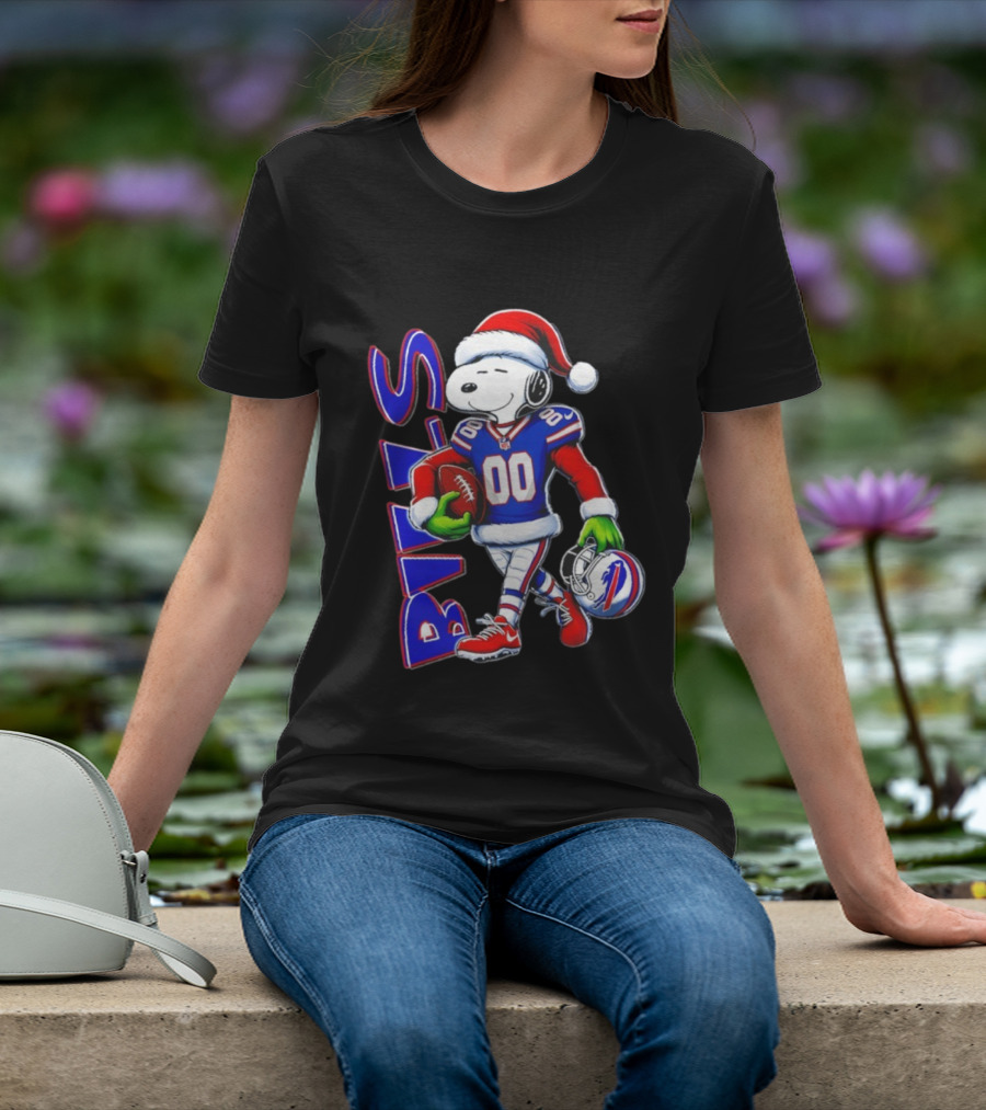 Buffalo Bills Snoopy Christmas NFL Football Player With Santa Hat And Grinch Hands T-Shirt