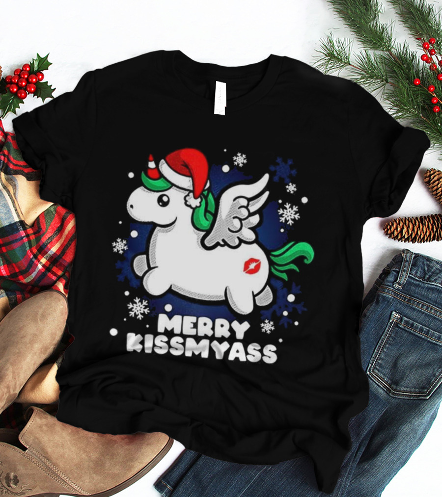 Merry Kissmyass Pegasus Santa Hat Snowflakes T-Shirt