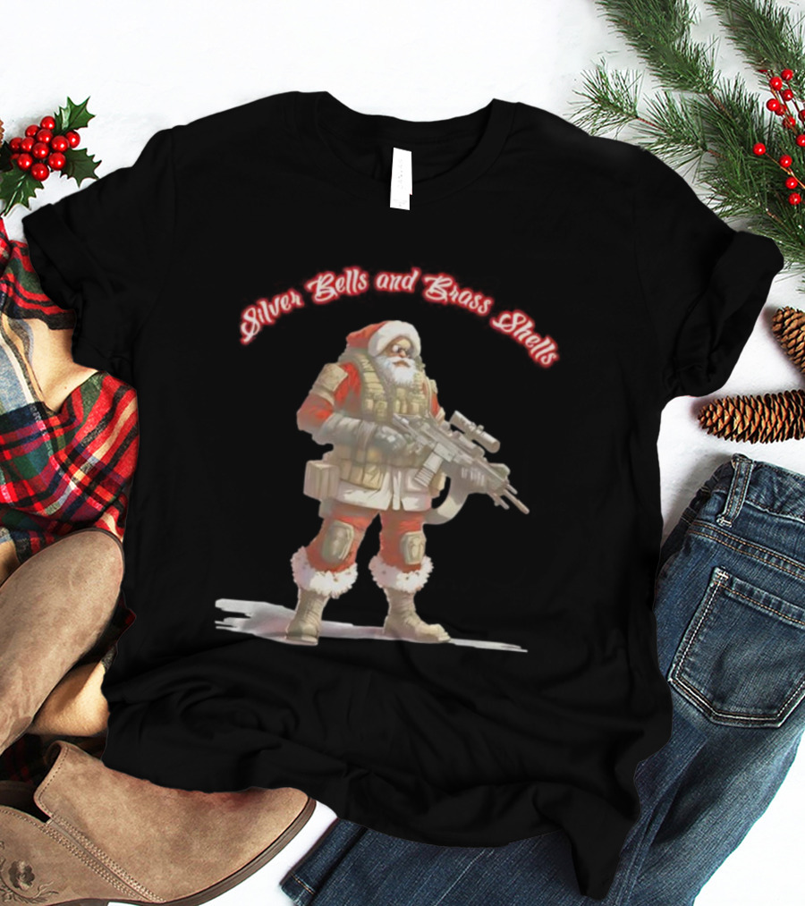 Silver Bells And Brass Shells Armed Santa Christmas T-Shirt