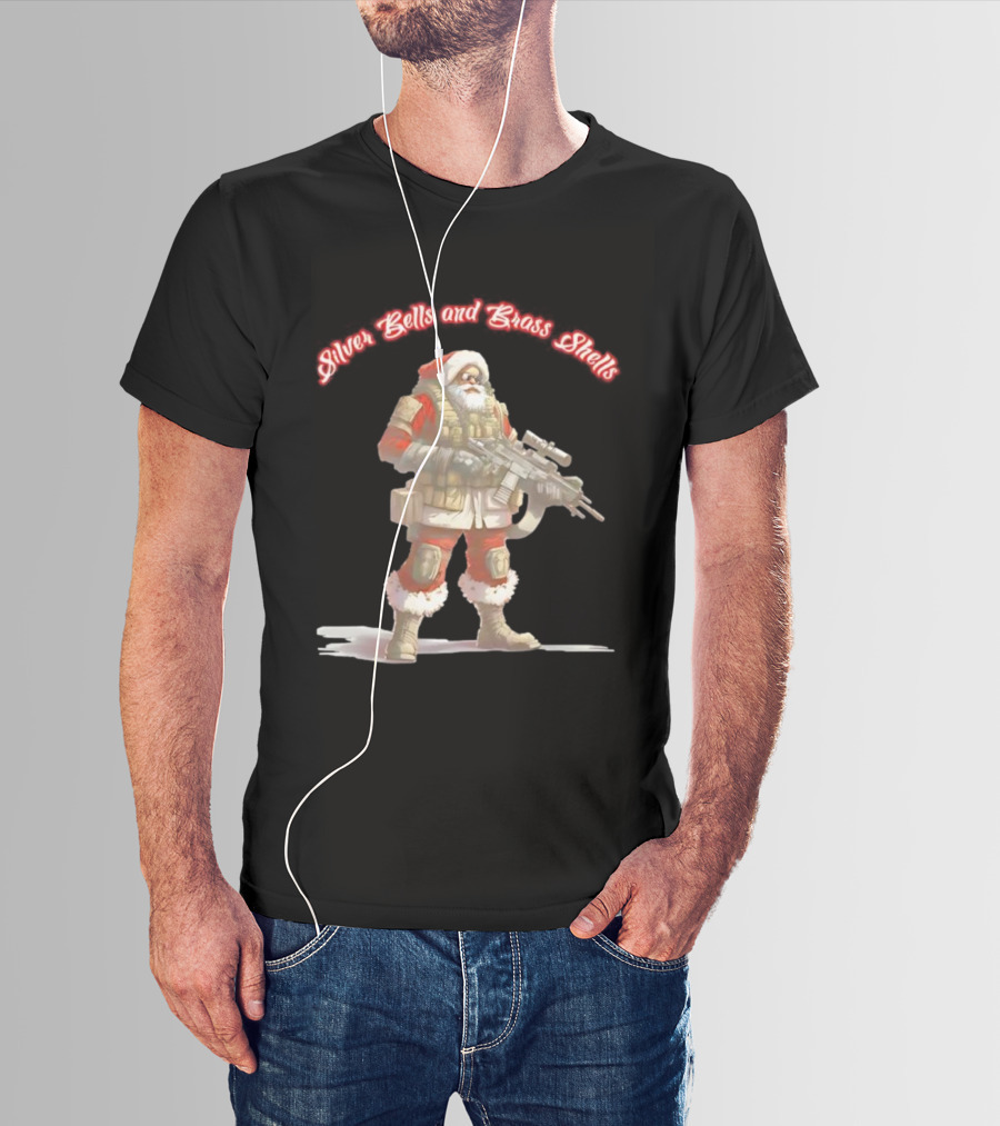Silver Bells And Brass Shells Armed Santa Christmas T-Shirt