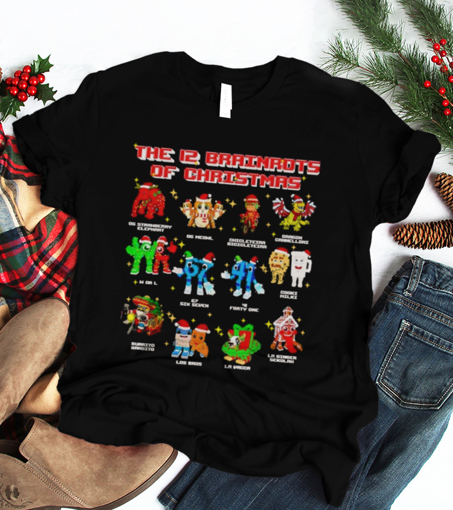 The 12 Brainrots Of Christmas Funny Festive Characters Santa Hats T-Shirt