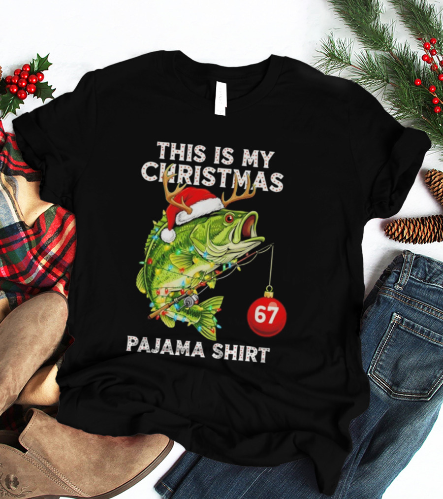 This Is My Christmas Pajama Bass Fish Santa Hat Lights Reindeer Antlers 67 Ornament T-Shirt