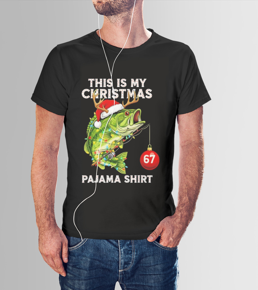 This Is My Christmas Pajama Bass Fish Santa Hat Lights Reindeer Antlers 67 Ornament T-Shirt