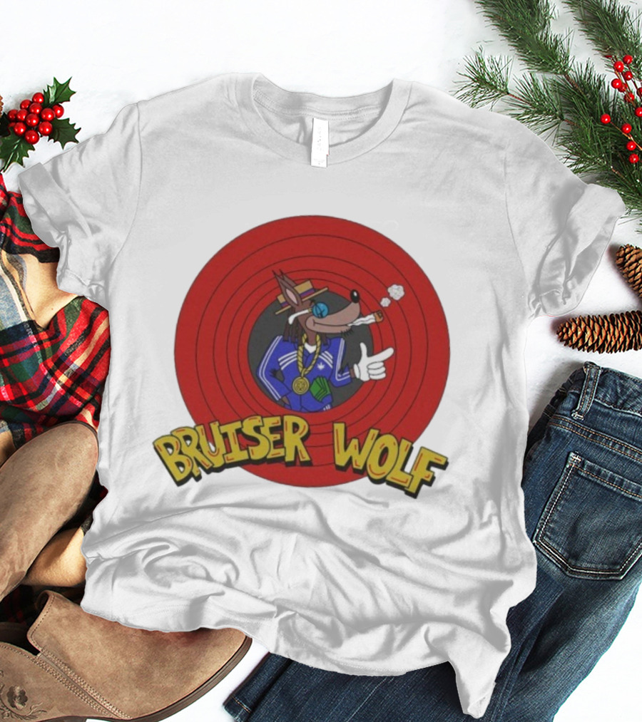 Bruiser Wolf Cartoon Vibes Smoking Character In Circular Red Background T-Shirt