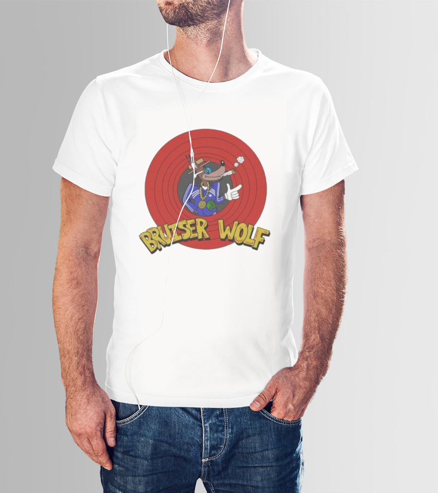 Bruiser Wolf Cartoon Vibes Smoking Character In Circular Red Background T-Shirt
