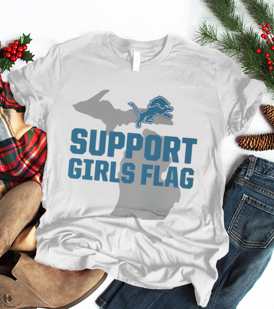 Detroit Lions Support Girls Flag Michigan Map T-Shirt