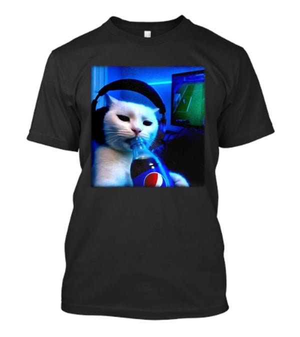 Cat Wearing Headphones Drinking Pepsi Gaming Meme T-Shirt