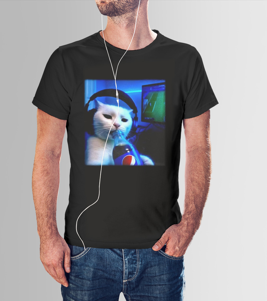 Cat Wearing Headphones Drinking Pepsi Gaming Meme T-Shirt