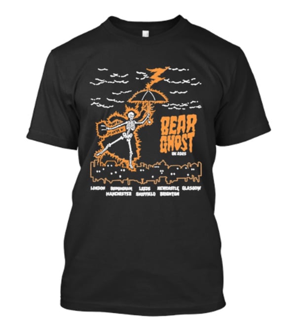 Bear Ghost UK Tour 2025 Skeleton Lightning Umbrella Cities Text T-Shirt