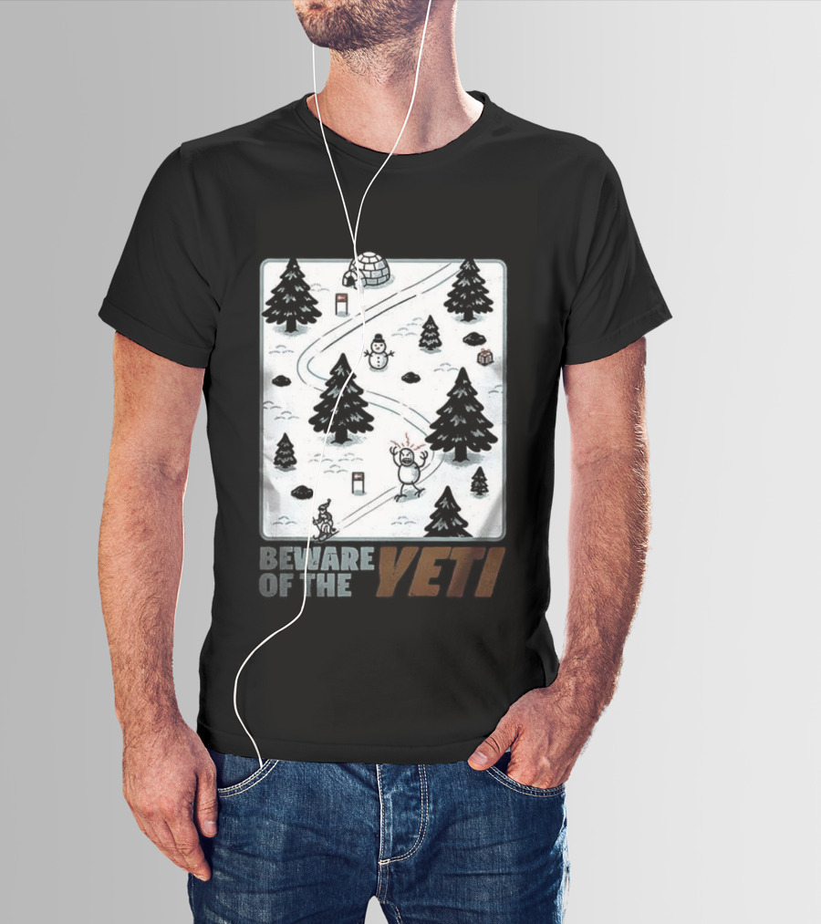 Beware Of The Yeti Funny Cartoon Ski Slope Scene T-Shirt