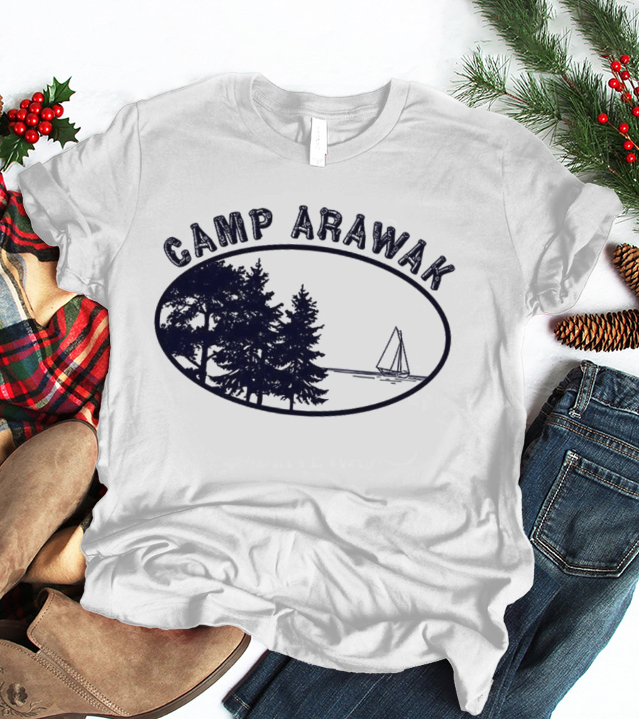 Camp Arawak Trees And Sailboat Scene T-Shirt